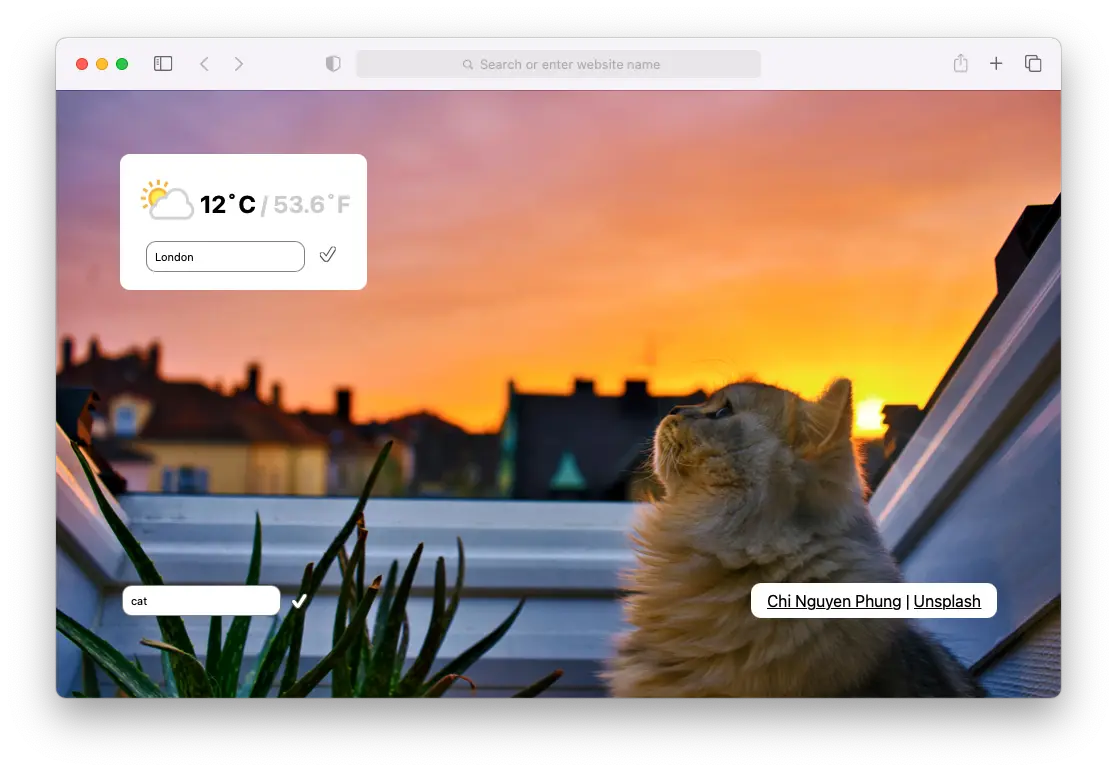 A screenshot of a browser window showing a cat looking up and weather in London, England